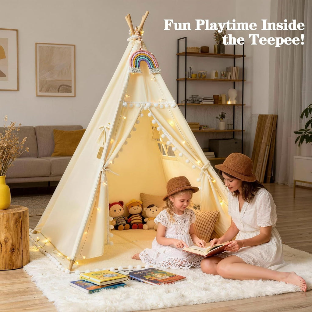 HalloDeer Teepee Tent for Kids with Padded Mat & Star Lights, Cotton Canvas Foldable Kids Teepee Indoor Outdoor