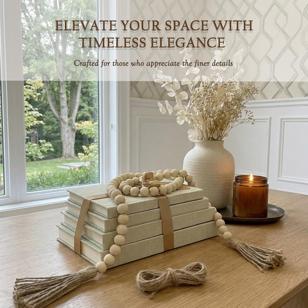 Decorative Books Decor-Set of 4 Real Linen Decorative Books, Stacked Books with Wood Bead Garland, Jute Twine & Satin