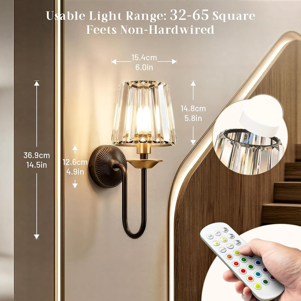 Black and Gold Battery Operated Wall Sconces Set of Two, Crystal Wireless Rechargeable Wall Lights with Remote