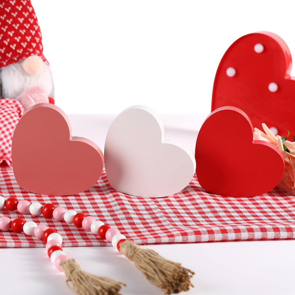 Valentines Decorations Wooden Heart Sign Classic White Pink Red Decor Shelf Mantel Fireplace Table Windowsill - Set of 6
