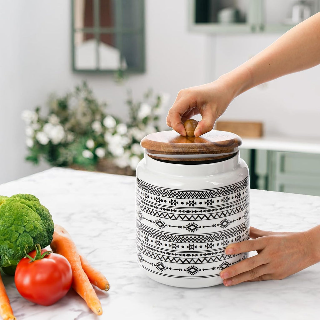 Kitchen Canister, Ceramic Large Food Storage Jar with Airtight Seal Wooden Lid, 100 Fl Oz Porcelain Food Storage