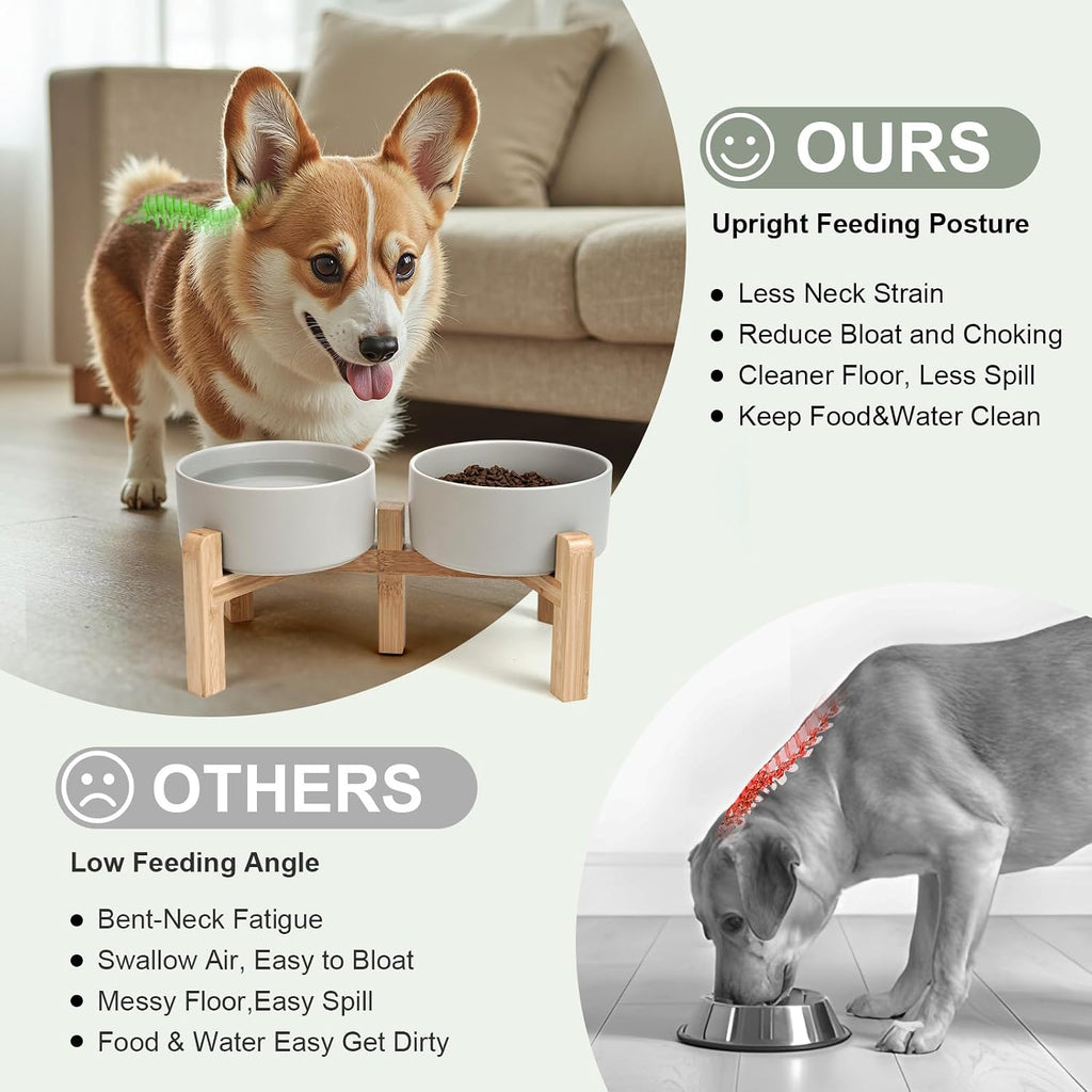 Elevated Dog Bowls Ceramic, 6.1'' Dogs and Cat Food Water Bowls Raised with Non-Slip Bamboo Stand for Medium Sized