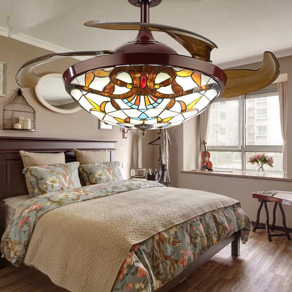 42" Vintage Style Ceiling Fan with Light, Remote Control Classic LED Chandelier Retractable Blades 3 Light Changes