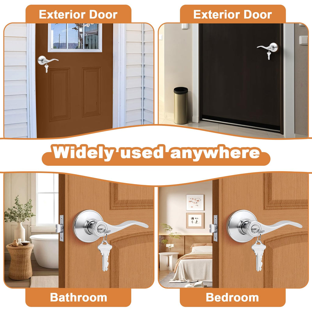 Polished Chrome Door Handles Front Exterior Door Handles with Lock and Keys, Keyed Alike Chrome Entry Door Lever Wave
