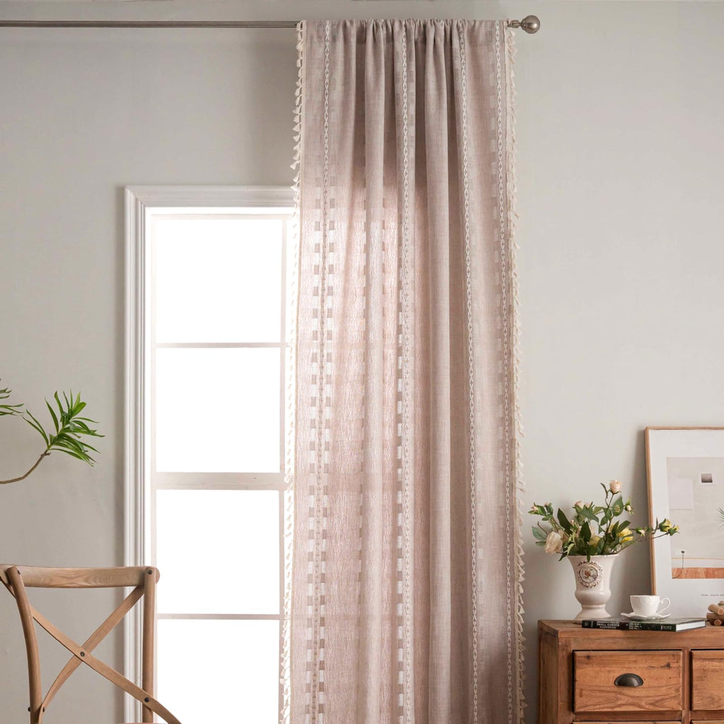 Boho Curtain 84 inches Long Bedroom Nursery, Retro Bohemian Coffee Linen Sheer 84 inches Length Tassel Stripe