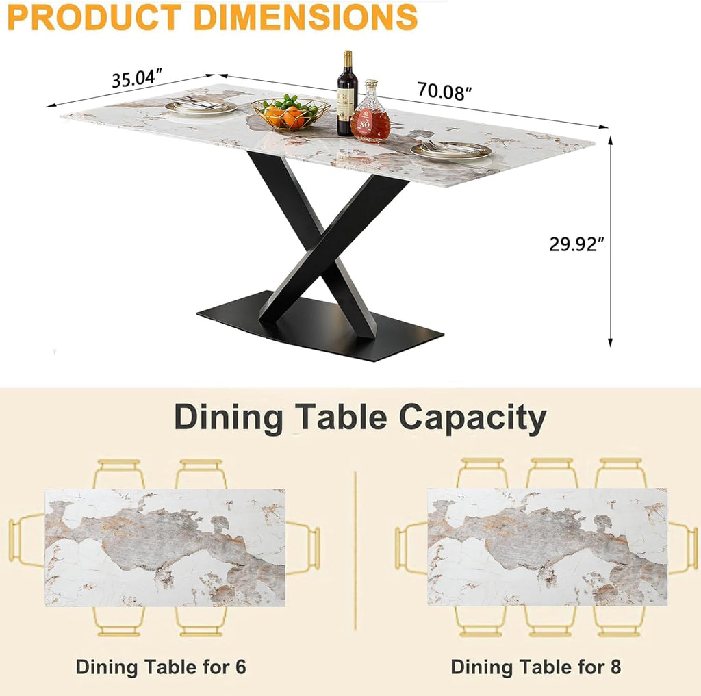 Modern Marble Dining Table, 70" White Kitchen Dining Room Table for 4 6 8 with 0.4" Thick Faux Marble Tabletop and