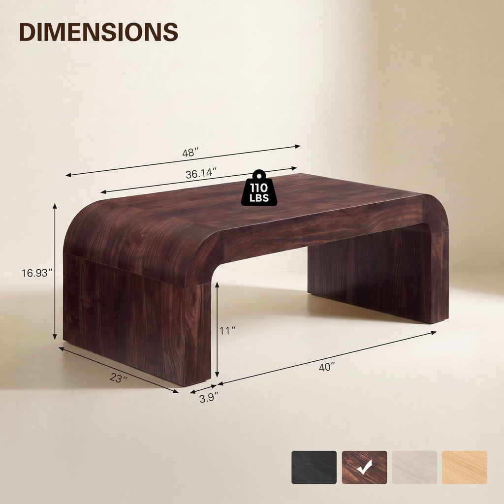 48" Modern Curved Coffee Table, Wood Minimalist Center Table, Brown