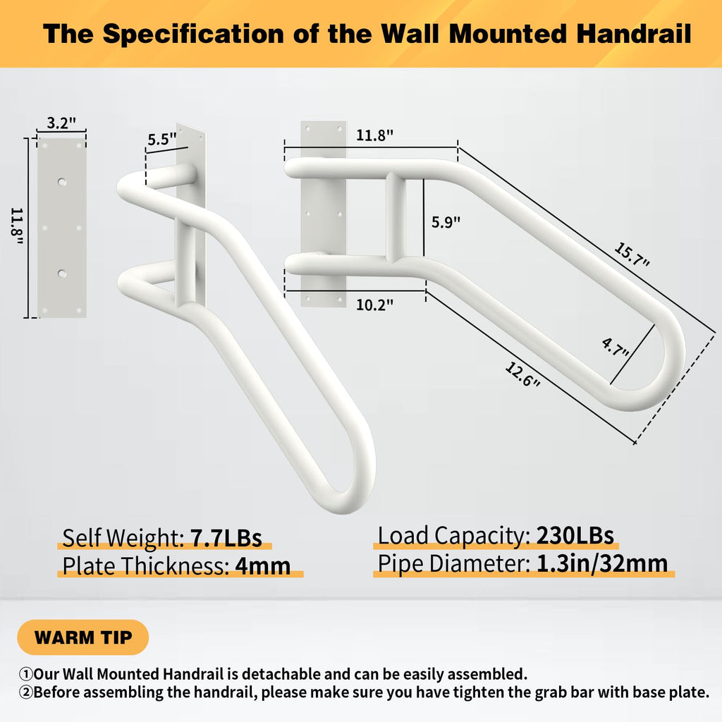 Left Side Wall Mounted handrail, Door Stair Railing for 1-3 Steps, White