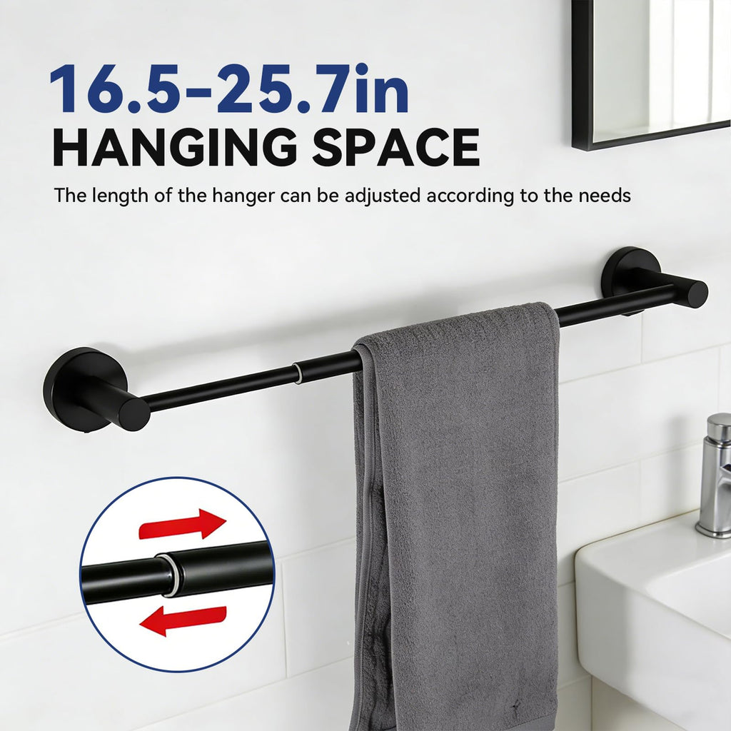 Bathroom Hardware Set Wall, 16-24" Extendable Towel Bar, Black