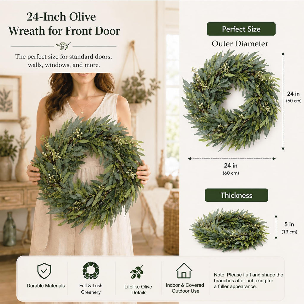 24 Inch Olive Wreath for Front Door, Artificial Greenery Wreath