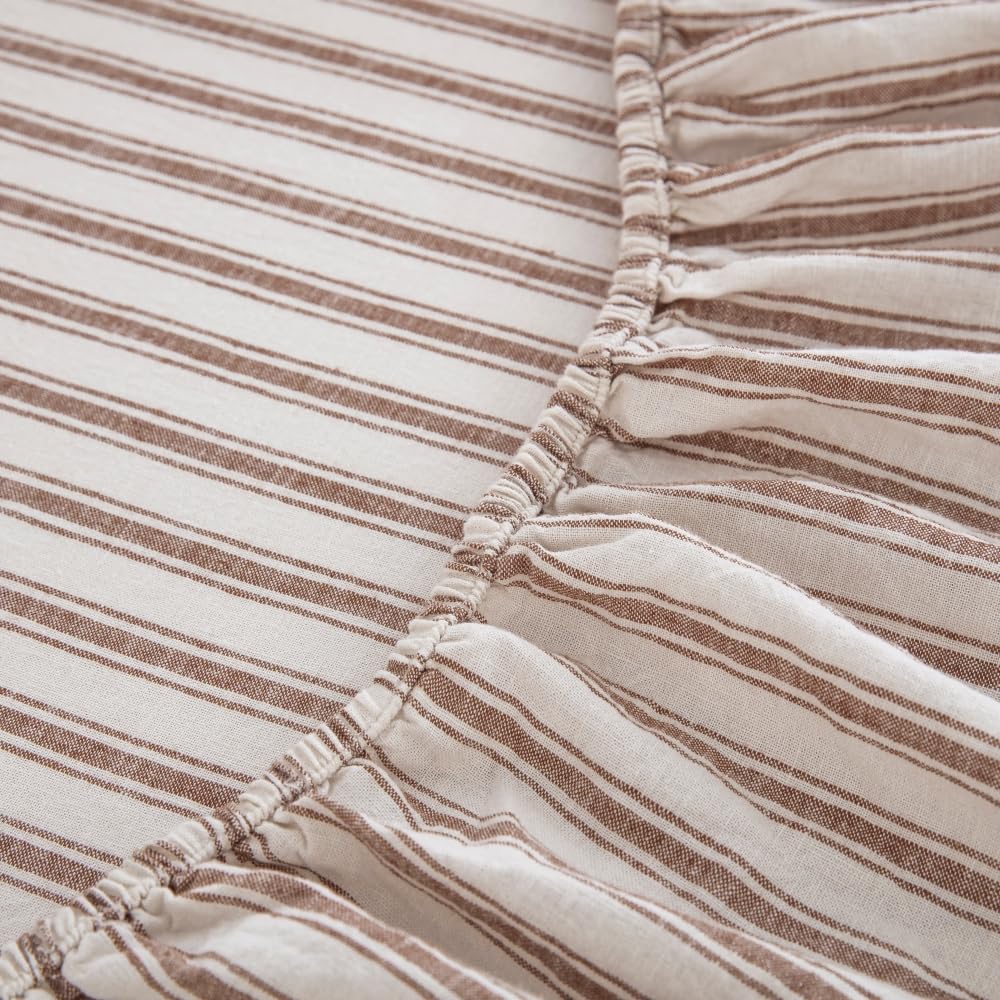 King Size Linen Blend Sheets Set, 55% Linen 45% Cotton Bedding Sets, Bedlinen Up to 16" Deep, Striped Tobacco Brown