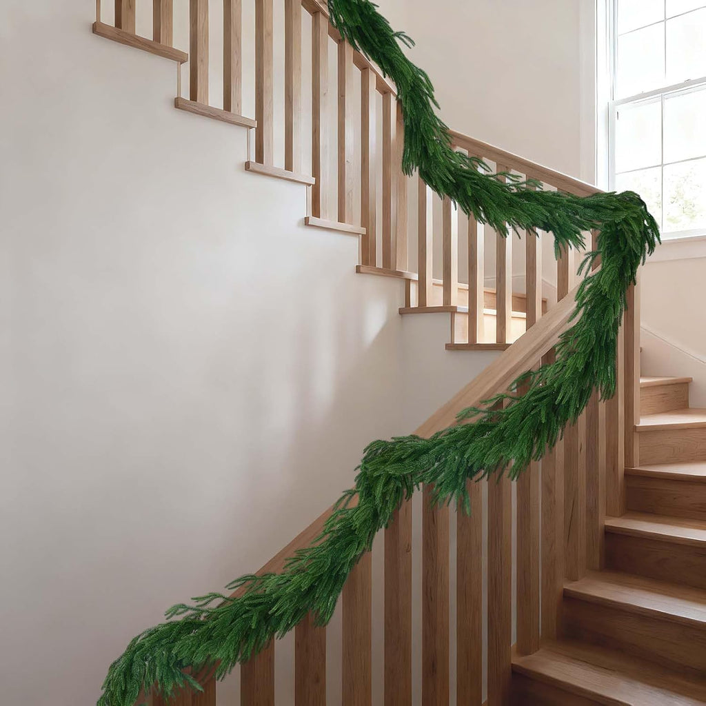Extra Full: 15FT Christmas Norfolk Pine Garland, Greenery Real Touch Decorations for Mantle Table Staircase Fireplace