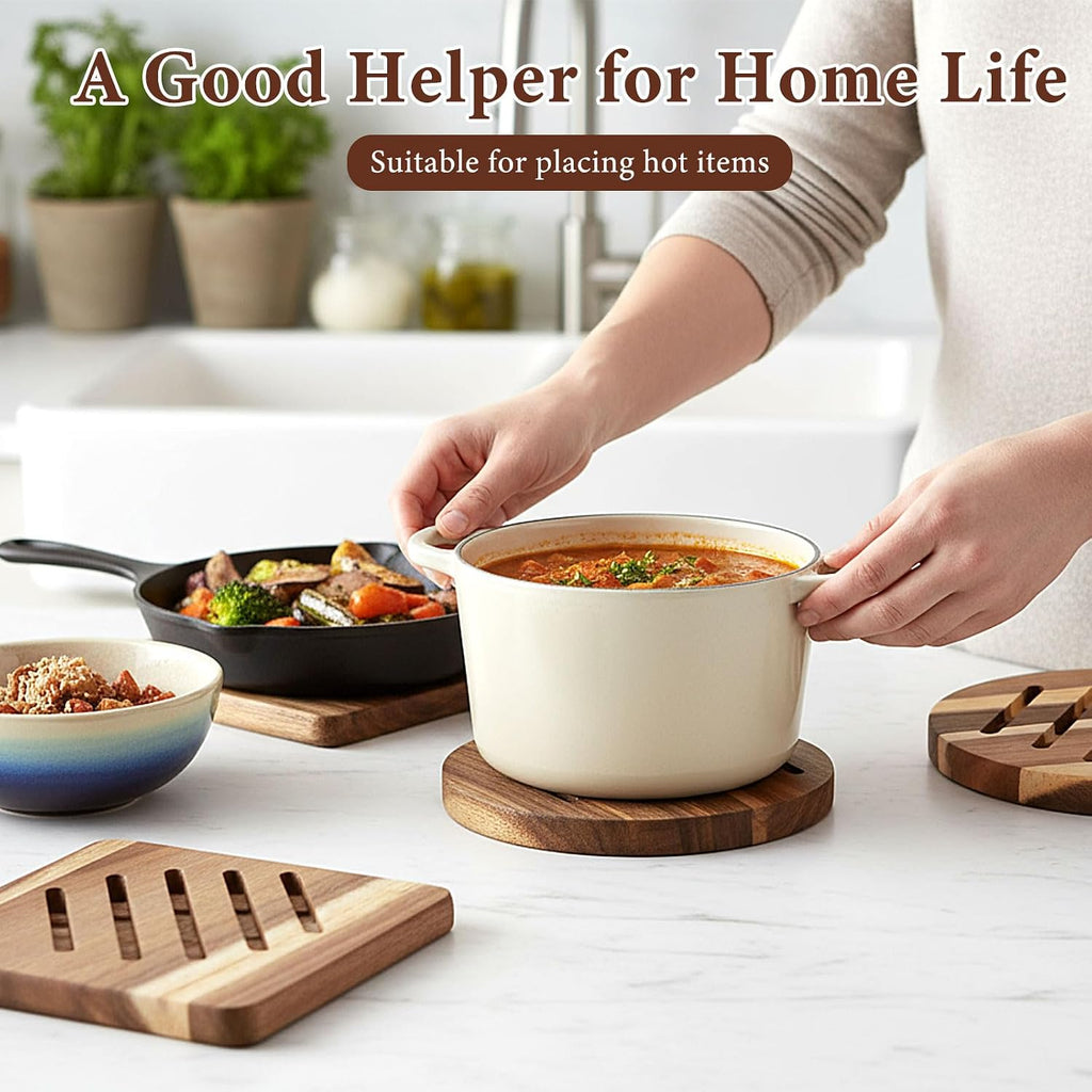 Acacia Trivet Mat Set 5.8inch 7inch Thicken Acacia Wood Hot Pads Trivets Heat Resistant Pads for Hot Dishes Pot - Set of 4