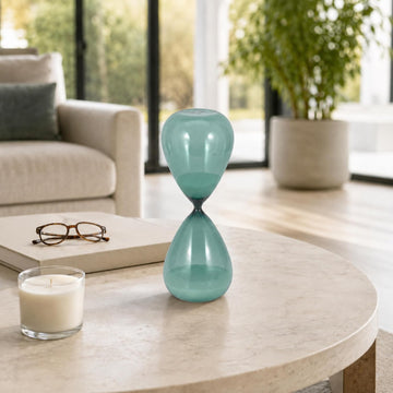 Bombara Teal Hourglass Decorative Object - Small Transparent Glass Sand Timer Modern Home Decor Accent - Shelf &