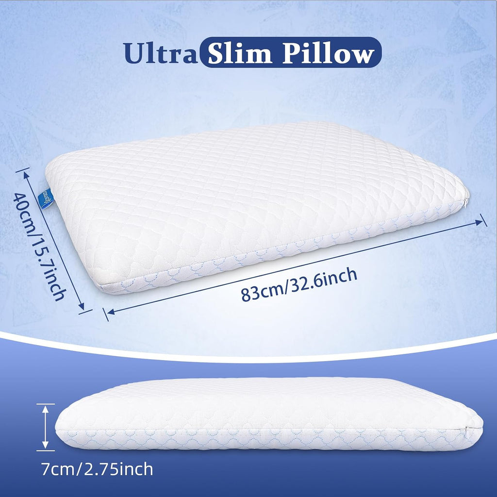Ultra Thin Flat Pillows for Sleeping King Size -33x16 Inch, Cooling Memory Foam Pillow 2.75 inch Height Ultra Thin