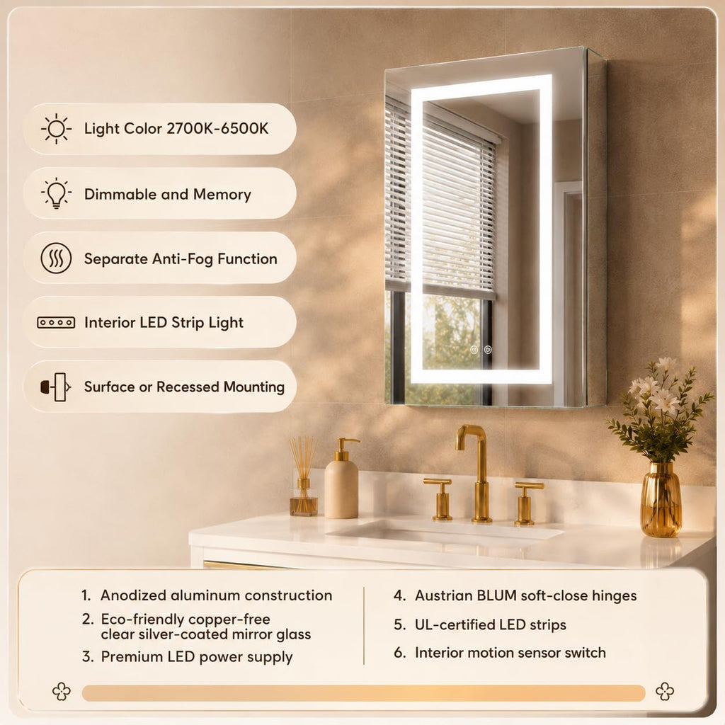 20 x 30-in LED Medicine Cabinet, Surface or Recessed Mounted, Single Right Opening Doors, Anti-Fog, Mirror with