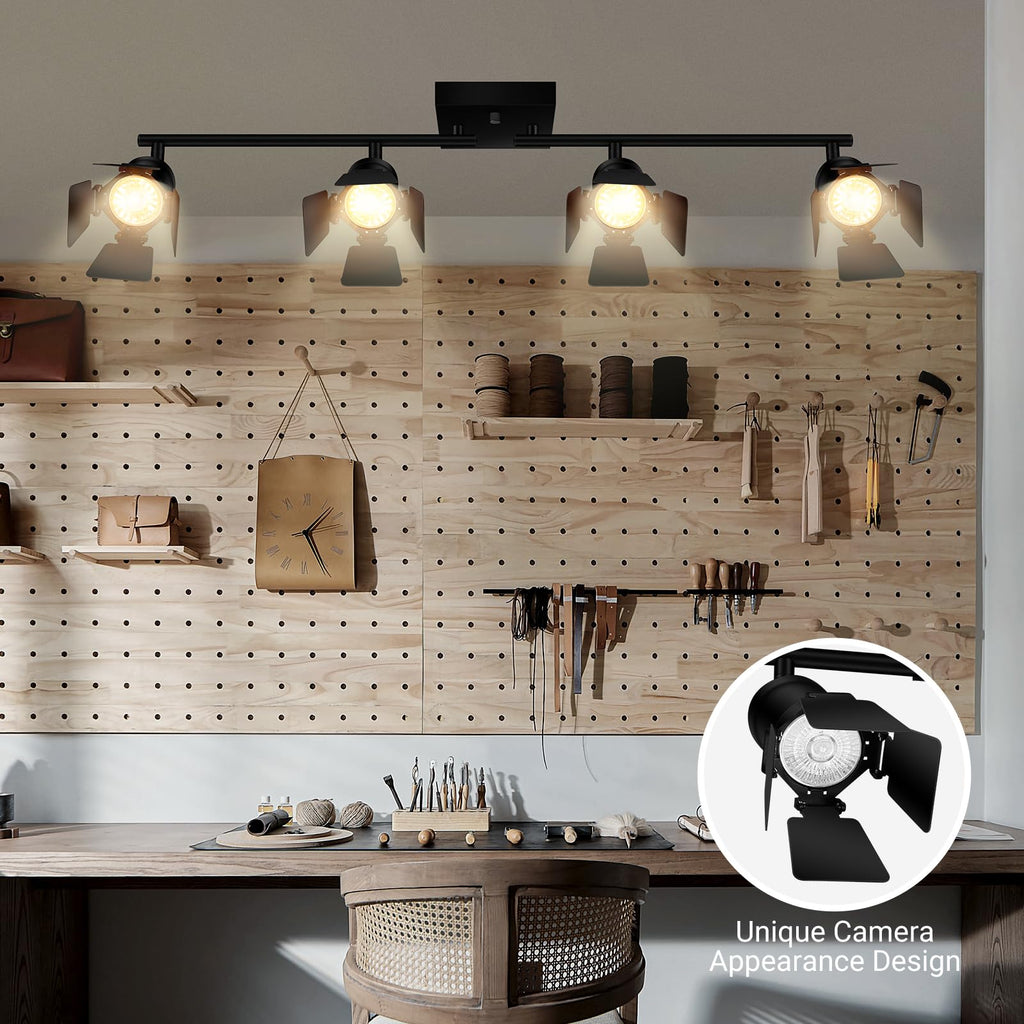 4 Light Track Lighting Fixtures Ceiling, Black Track Lighting with Rotatable Heads, Vintage Industrial Ceiling