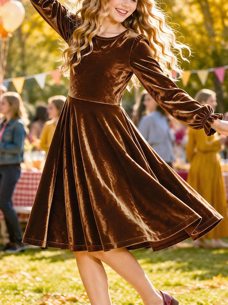 Velvet Christmas Dress Crewneck Puff Long Sleeve A-Line Fall Winter Casual Party Princess Dresses with Pockets