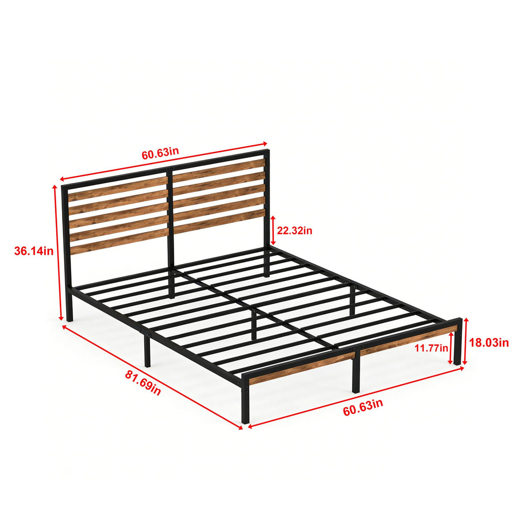 Brown+Black Industrial Metal Bed Frame Queen with Rustic Wood Headboard