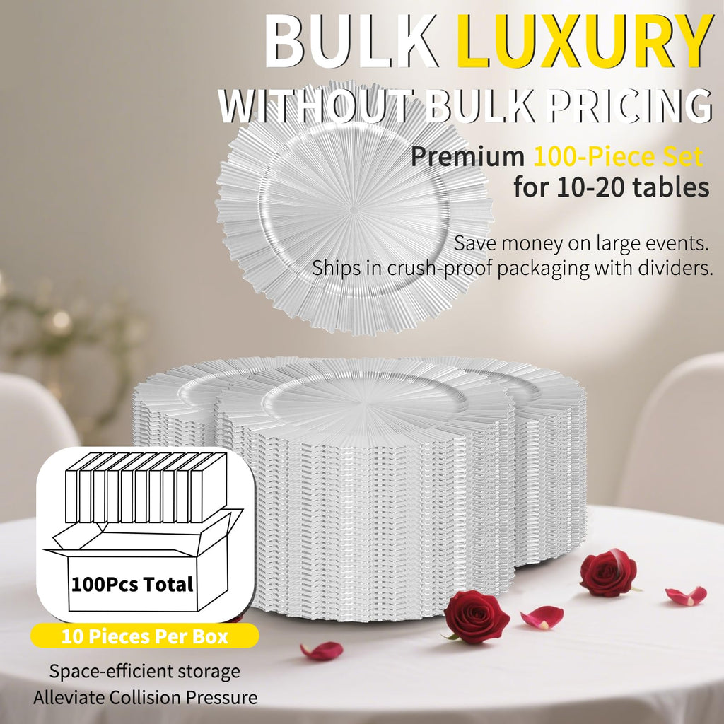 Silver Charger Plates Bulk 100Pcs - 13" Elegant Silver Chargers for Dinner Plates, Wedding & Event Decorative Charger