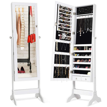 Lockable Standing Jewelry Armoire with Full Length Mirror, White