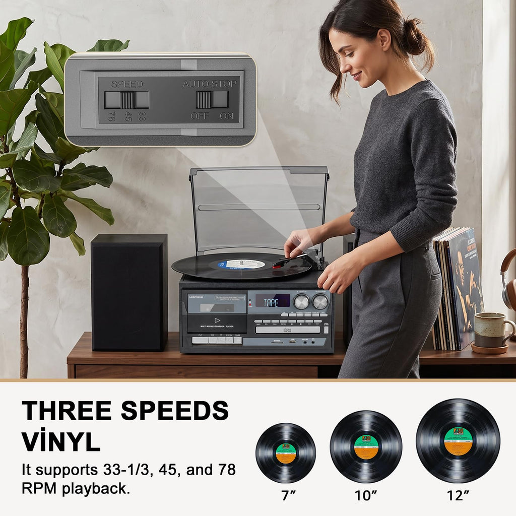Record Player 10-in-1 Classic Black Music Console with External Stereo Speakers, Bluetooth Receiver/Transmitter