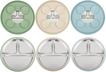 3 Pack Stainless Steel Baby Suction Plates, Divided Toddler Plate for Baby Led Weaning Supplies, Non-Slip Toddler