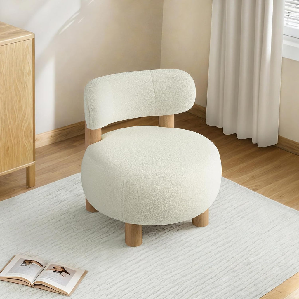 Modern Boucle Accent Chair, with Plush Faux Sherpa Upholstery, Curved Backrest, Solid Wood Legs Bedroom Reading Nook