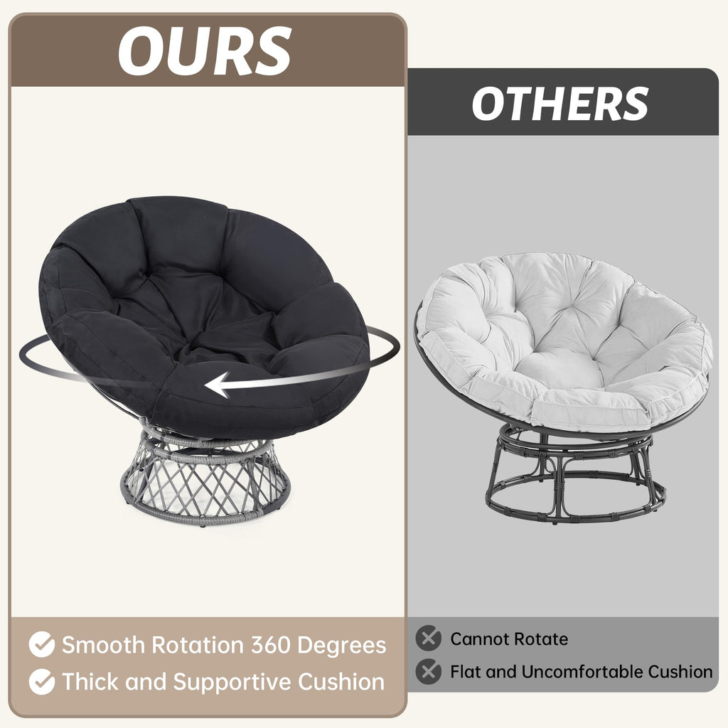 46" Oversized Rattan Papasan Chair, Grey Frame with Black Cushion