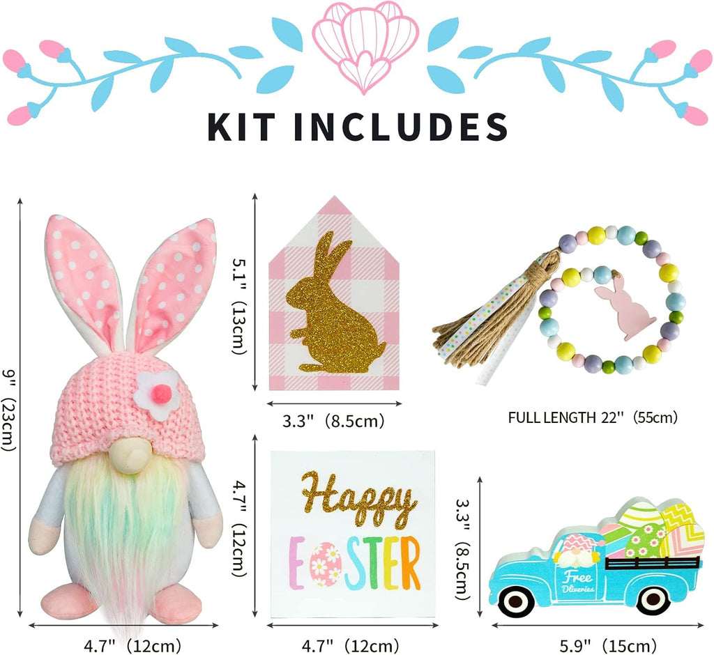 Easter Decorations, Easter Gnome Tiered Tray Decor, Glitter Easter Wood Signs, Truck Full of Eggs, Easter Bunny - Set of 5