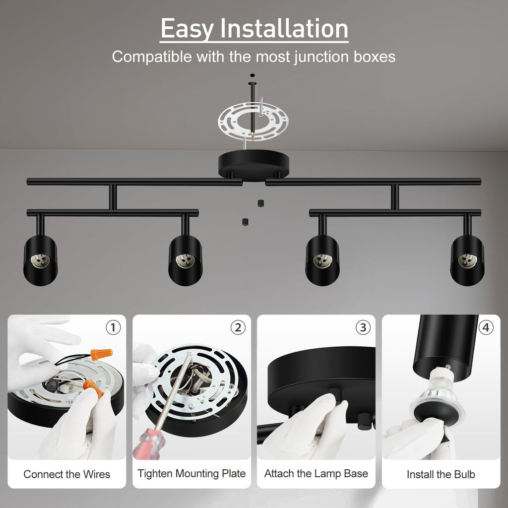 Black Track Lighting Kit, 30" LED Track Lighting Fixtures Ceiling, 4 Light Ceiling Spotlights, Kitchen Light
