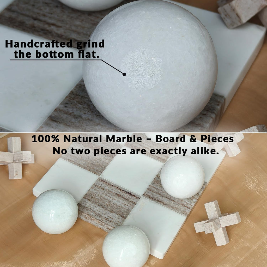 Marble Tic Tac Toe Game Set - Natural Organic Stone Board with White and Brown XO Pieces, Luxury Decorative X and O