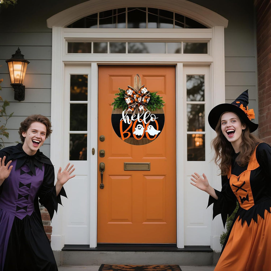 Halloween Wreaths for Front Door, Cute Ghost Wreath with Bow Decor