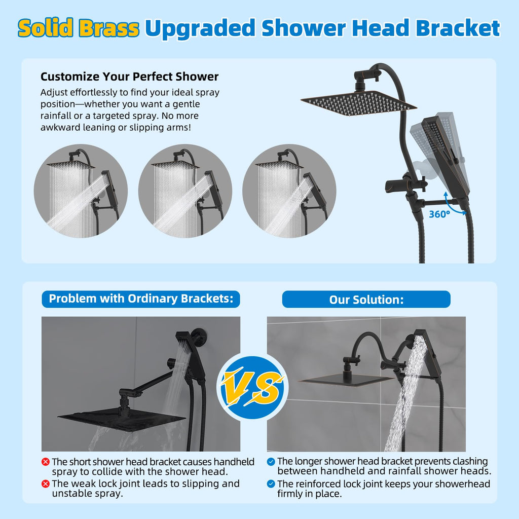 All Metal cUPC Certified Shower Head, 8'' High Pressure Rainfall Showerhead Combo, Handheld Shower Wand, 12''