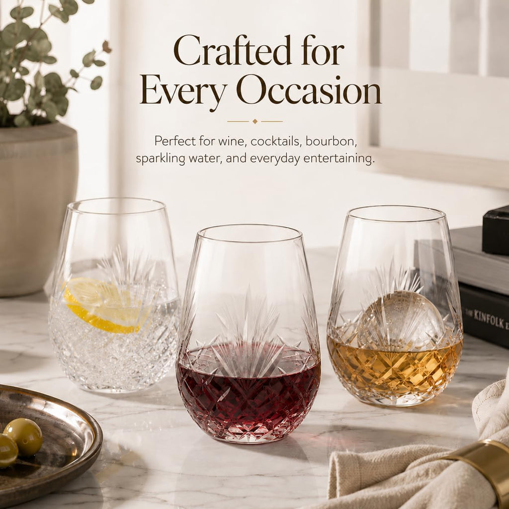 Hand Cut Stemless Wine Glass Set of 4, Large 18 oz Crystal Wine Glass, Wine Tumblers for Red and White Wine, Water