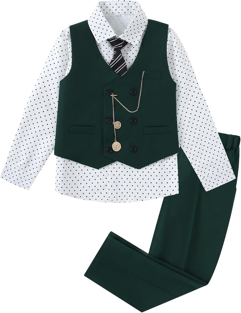 Boys Suit Formal Dress Clothes Big Boy Wedding Outfit Vest+Pants+Dress Shirt+Chain+Adjustable Tie