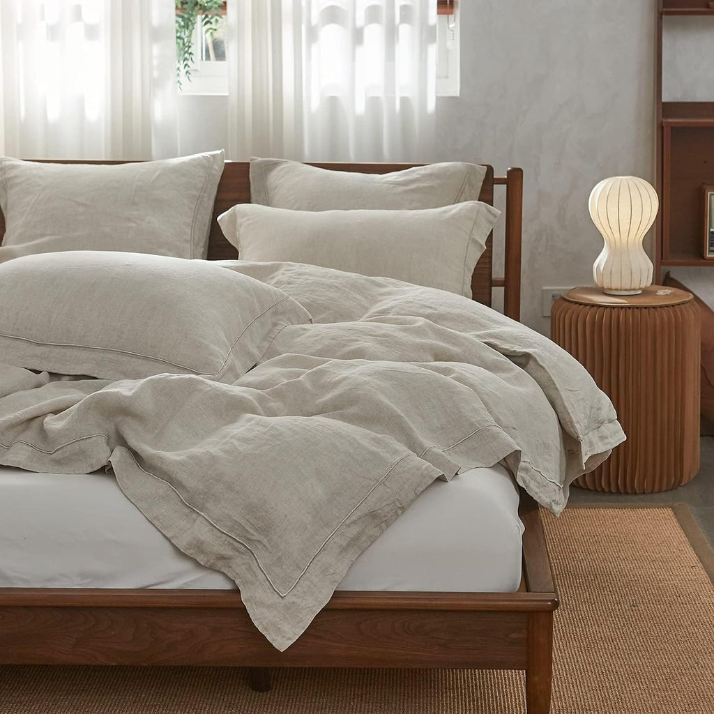100% Linen Duvet Cover Set with Embroidery Border Washed - 3 Pieces (1 Duvet Cover with 2 Pillow Shams) with Button