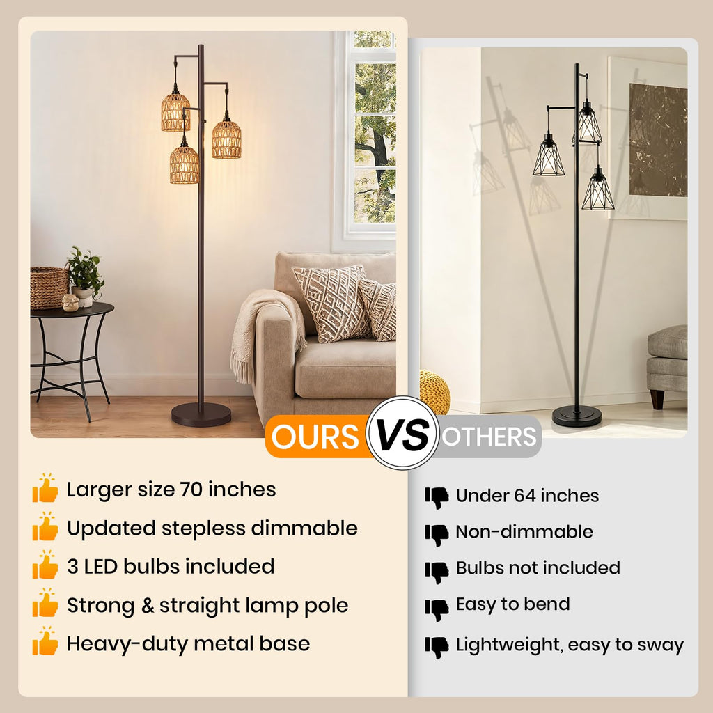 70'' Tall Floor Lamp, 3-Light Rattan Standing Lamp, Brown