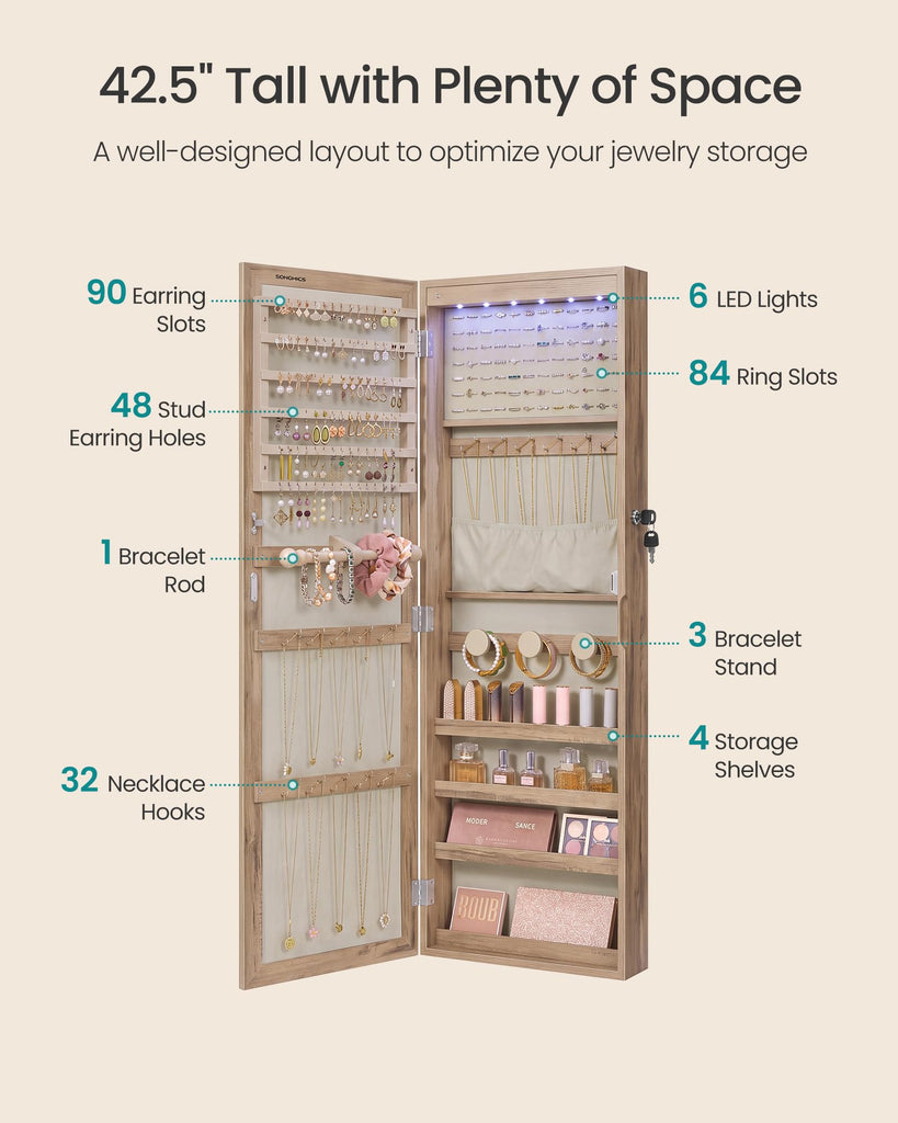 Jewelry Cabinet, Wall or Door Mounted Armoire, 6 LED Lights