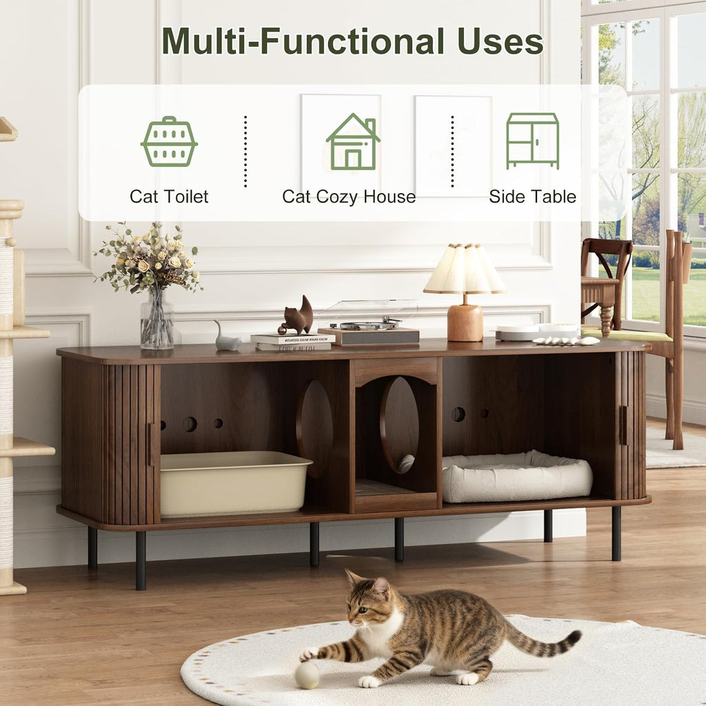 Double Cat Litter Box Enclosure Furniture, 59" Fluted Cabinet, Walnut