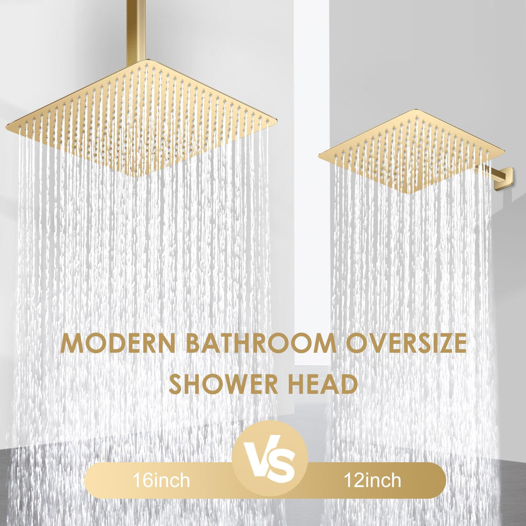 16 inch Brushed Gold Large Rain Shower Head Ceiling Mount - All Metal 304 Stainless Steel, Full Body Rainfall Shower