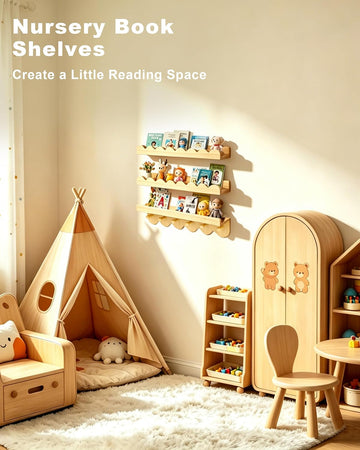 Nursery Shelves for Wall with Hooks-Scalloped Wall Book Shelves Kids Set of 3, Nursery Furniture Must Have, 16 Inch