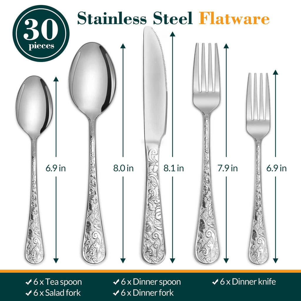 Silverware Set, 30 Pieces Vintage Carved Flatware Set for 6, Stainless Steel Cutlery Set