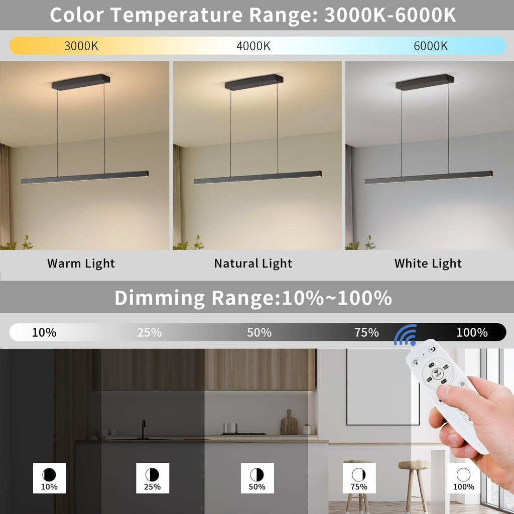 Modern Ceiling Pendant Lights,39in LED Black Linear Chandelier with Remote Control 3000k-6000K Adjustable Color