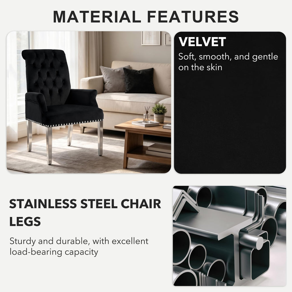 Velvet Dining Chairs with Arms, Upholstered Dining Room Chairs, Black