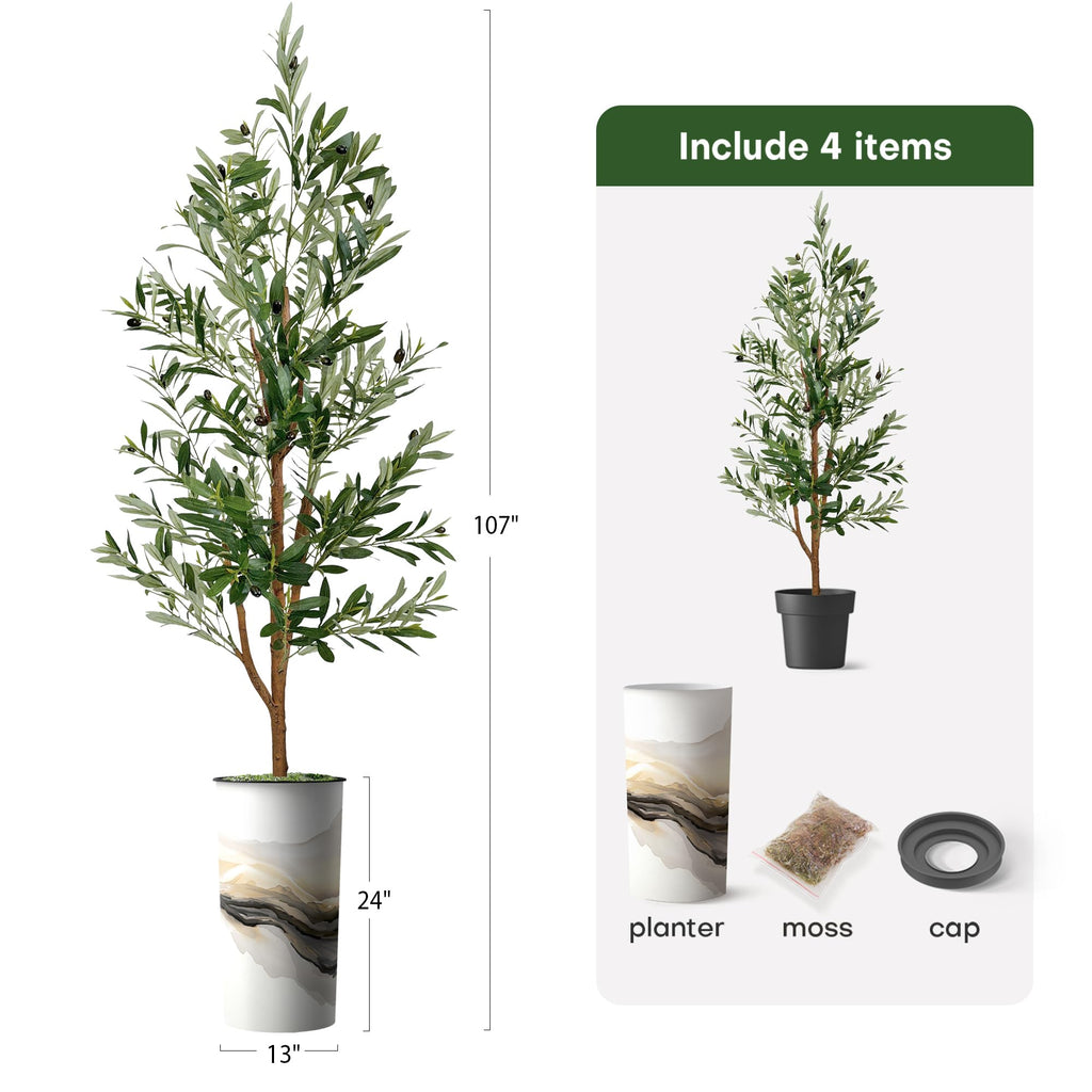 Artificial Tree in Flowing Black & White Smoke Abstract Shapes Planter, Fake Olive Silk Tree for Indoor and Outdoor