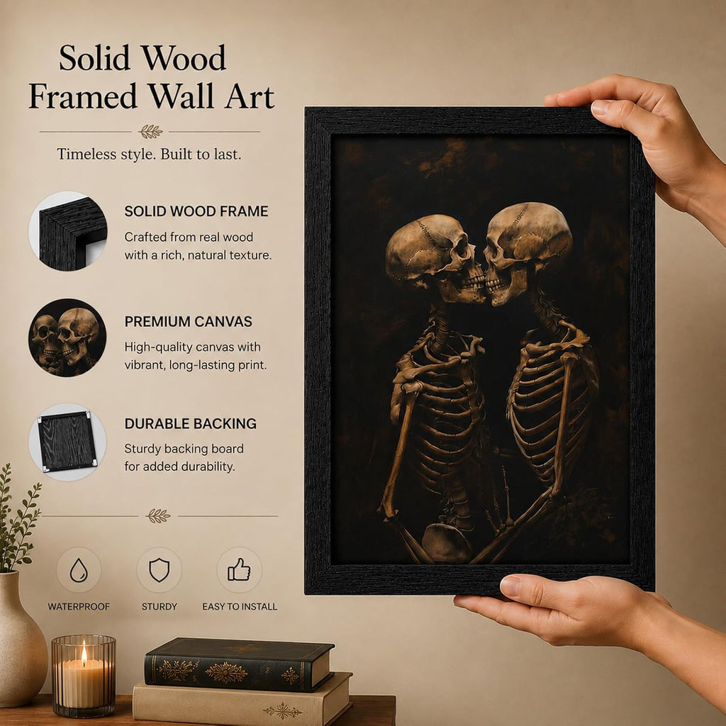 Framed Halloween Skeleton Lovers Wall Art Dark Romantic Kissing Skeletons Pictures Prints Horror and Eeriness Wall