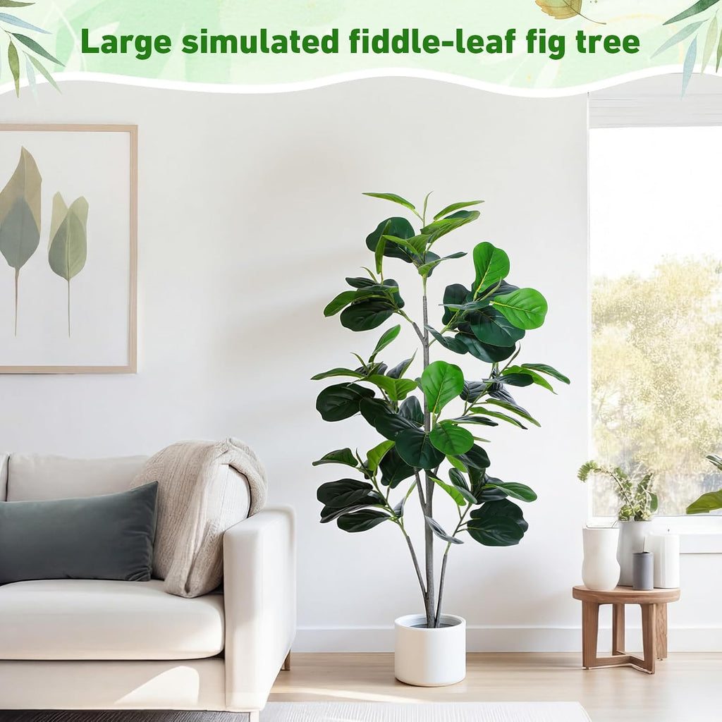 Artificial Fiddle Leaf Fig Tree 5ft Tall Artificial Plants Indoor Fake Ficus Lyrata with White Planter Faux - Set of 2