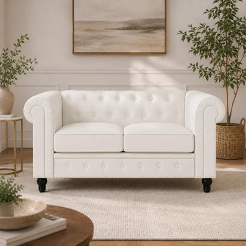 Emery Chesterfield Faux Leather Loveseat, White