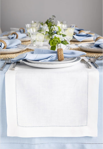 100% Linen Table Runner White, Classic Hemstitch 14 x 108 in | Table Runners for 8-10 seater dining tables and